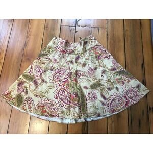 Ralph Lauren Brown Green Pink Floral Paisley Linen Flared A-Line Skirt 6 32"